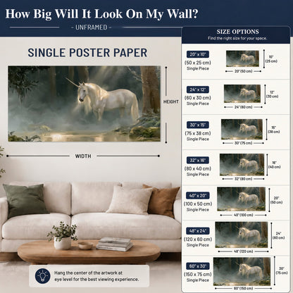 A white unicorn standing near rocks and a quiet stream in a green woodland single poster print size guide above a sofa; room view is illustrative