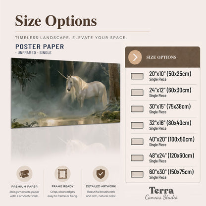 A white unicorn standing near rocks and a quiet stream in a green woodland single poster print available dimensions