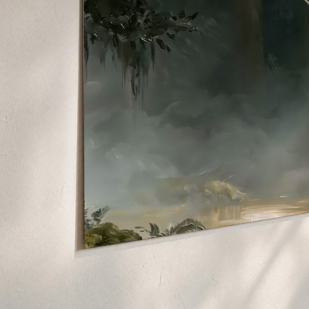A white unicorn standing near rocks and a quiet stream in a green woodland set of 3 poster prints material and edge close up