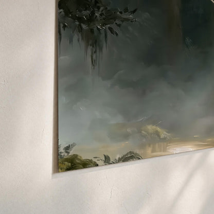 A white unicorn standing near rocks and a quiet stream in a green woodland set of 3 poster prints material and edge close up