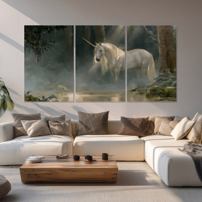 A white unicorn standing near rocks and a quiet stream in a green woodland set of 3 poster prints displayed in a living room