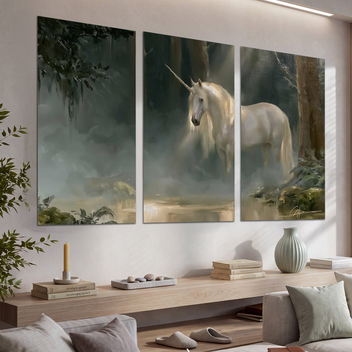 A white unicorn standing near rocks and a quiet stream in a green woodland set of 3 poster prints displayed in a console