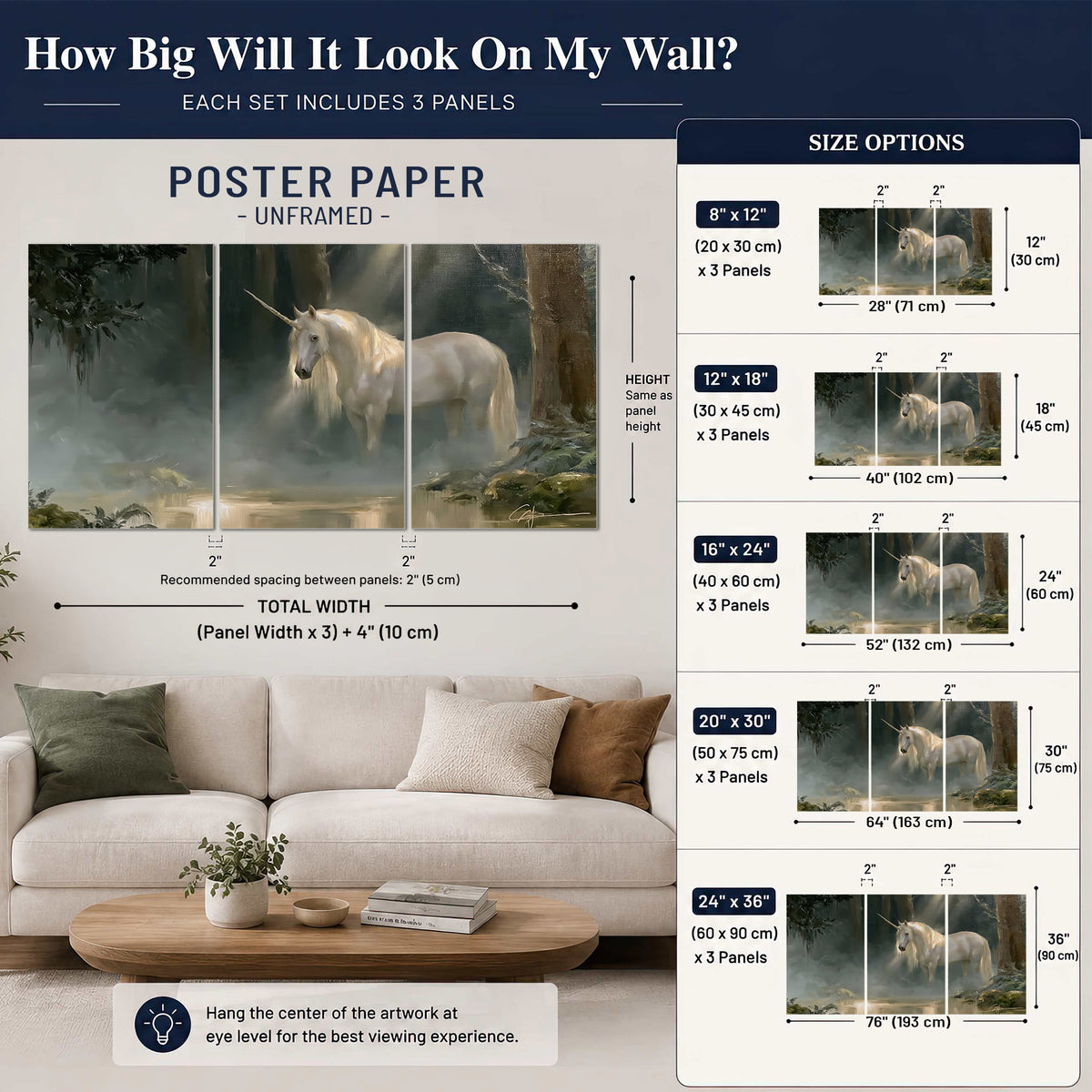 A white unicorn standing near rocks and a quiet stream in a green woodland set of 3 poster prints size guide above a sofa; room view is illustrative
