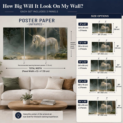 A white unicorn standing near rocks and a quiet stream in a green woodland set of 3 poster prints size guide above a sofa; room view is illustrative