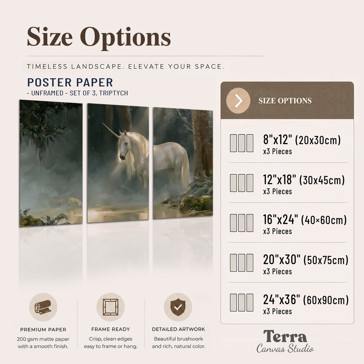 A white unicorn standing near rocks and a quiet stream in a green woodland set of 3 poster prints available dimensions; triptych dimensions are per panel