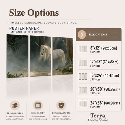 A white unicorn standing near rocks and a quiet stream in a green woodland set of 3 poster prints available dimensions; triptych dimensions are per panel