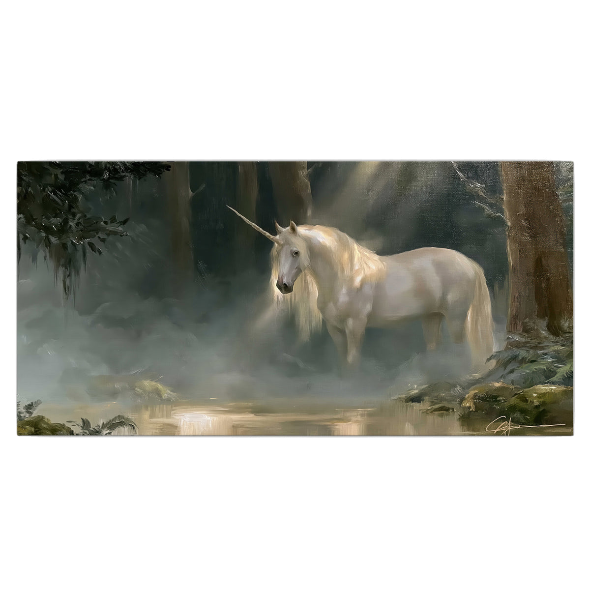 A white unicorn standing near rocks and a quiet stream in a green woodland single canvas wall art viewed straight on