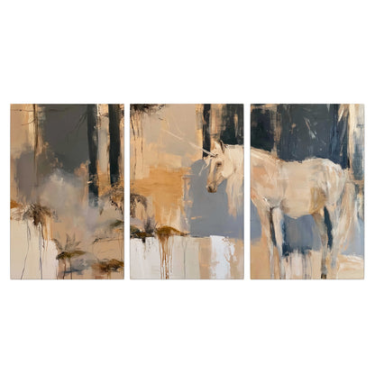 A pale unicorn emerging from loose vertical strokes of blue, ochre and cream 3 piece canvas wall art viewed straight on