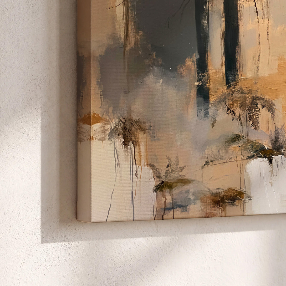 A pale unicorn emerging from loose vertical strokes of blue, ochre and cream 3 piece canvas wall art material and edge close up