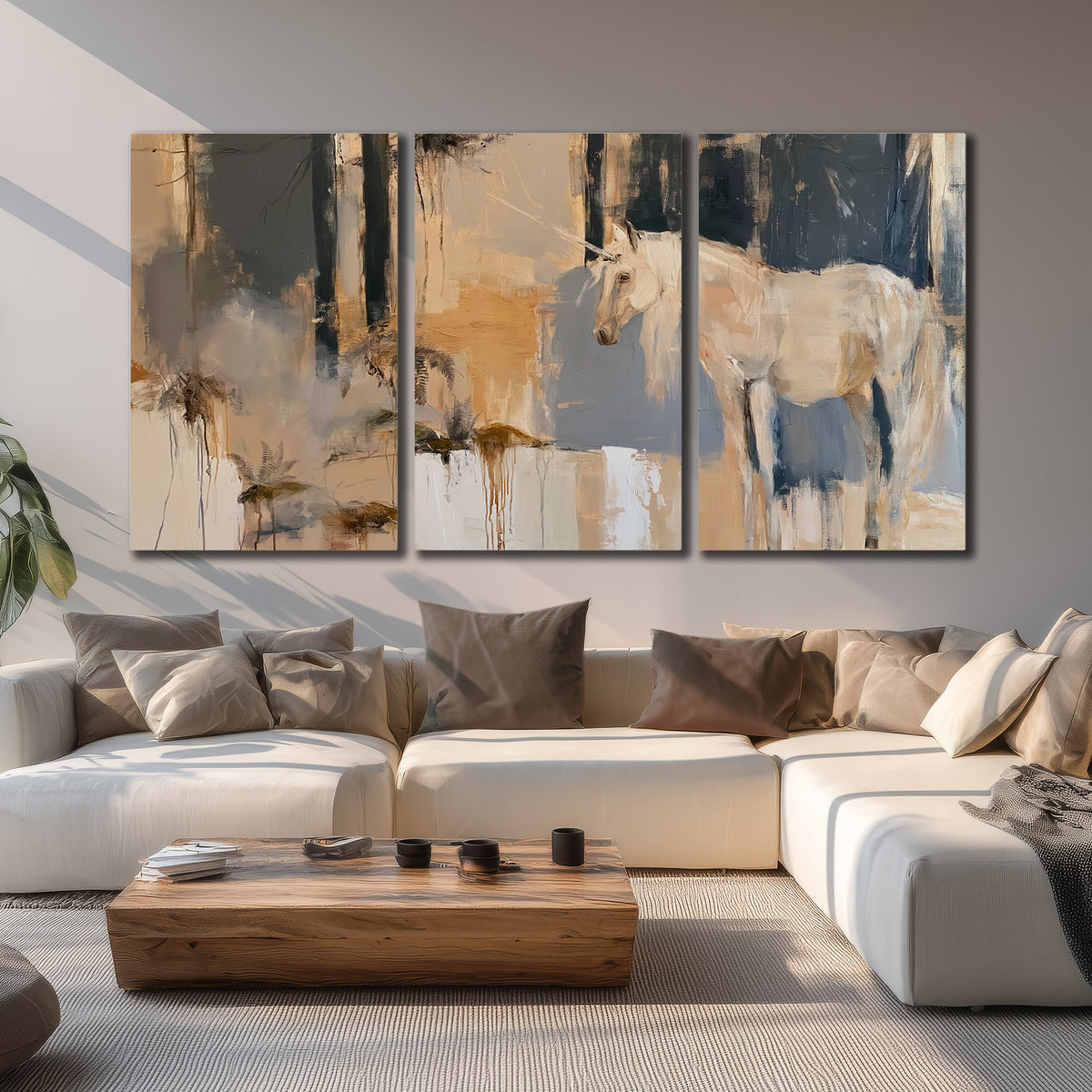 A pale unicorn emerging from loose vertical strokes of blue, ochre and cream 3 piece canvas wall art displayed in a living room