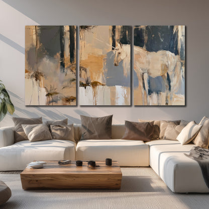 A pale unicorn emerging from loose vertical strokes of blue, ochre and cream 3 piece canvas wall art displayed in a living room