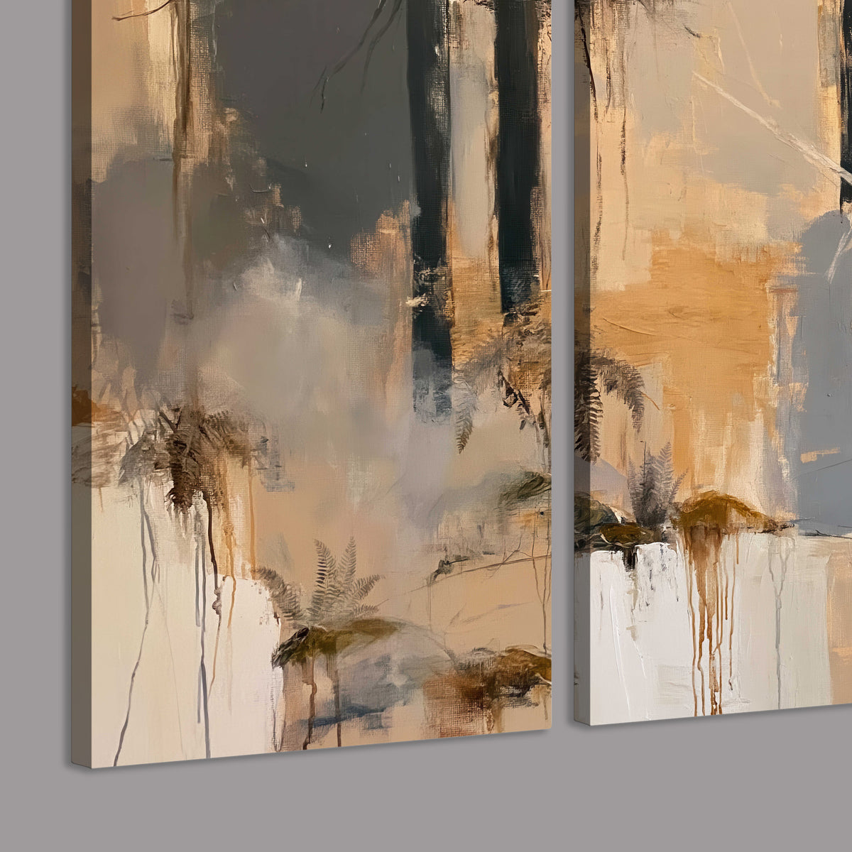 A pale unicorn emerging from loose vertical strokes of blue, ochre and cream 3 piece canvas wall art room and product view