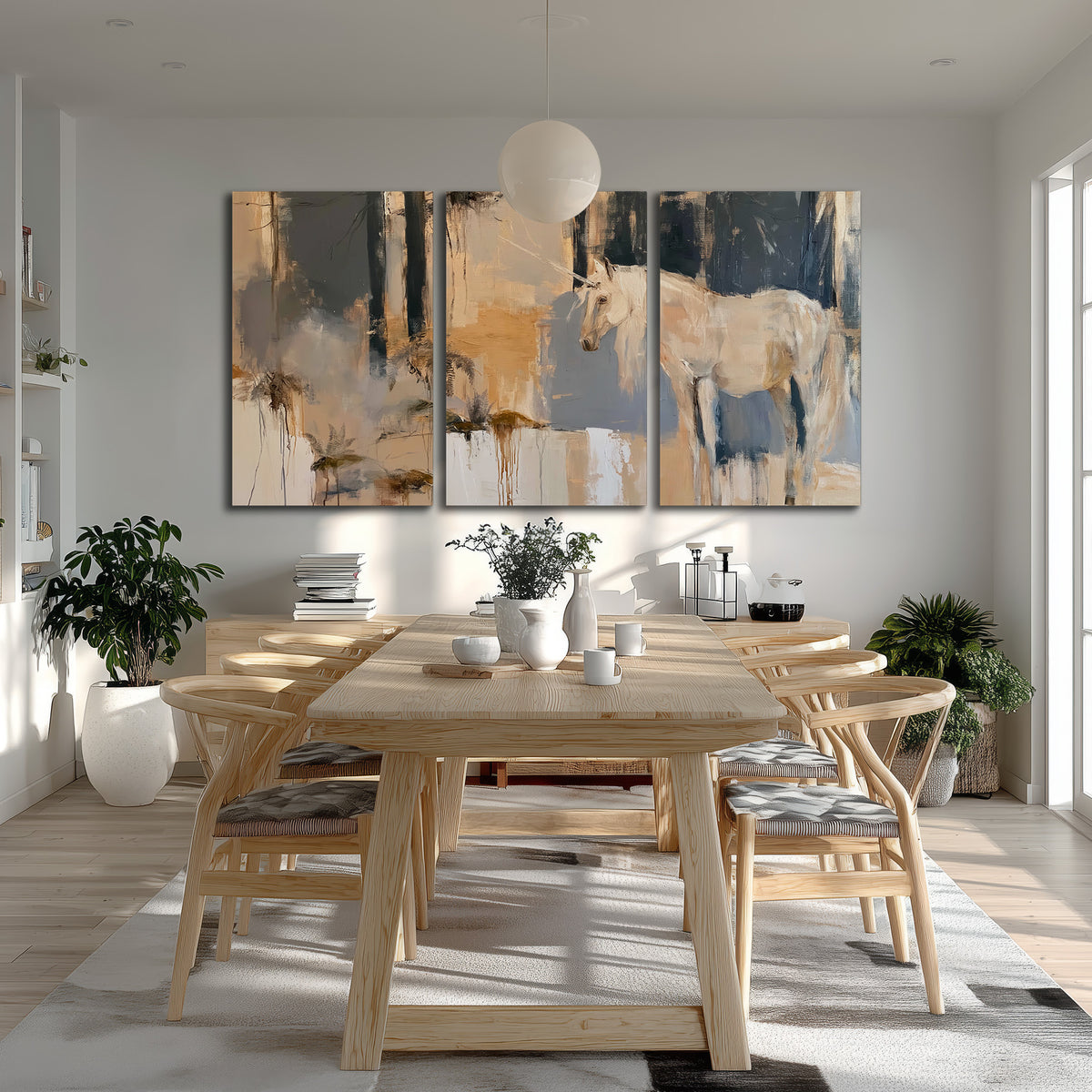 A pale unicorn emerging from loose vertical strokes of blue, ochre and cream 3 piece canvas wall art room and product view