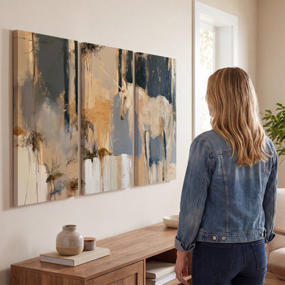 A pale unicorn emerging from loose vertical strokes of blue, ochre and cream 3 piece canvas wall art three panel arrangement on a wall