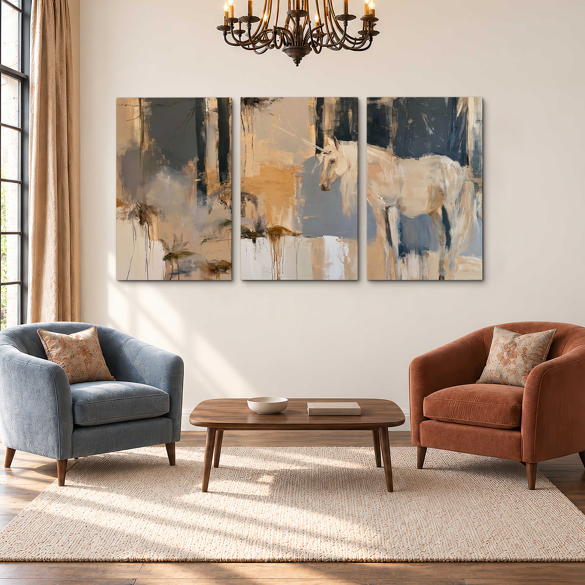 A pale unicorn emerging from loose vertical strokes of blue, ochre and cream 3 piece canvas wall art styled in an interior