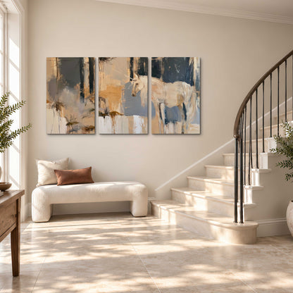 A pale unicorn emerging from loose vertical strokes of blue, ochre and cream 3 piece canvas wall art styled in an interior