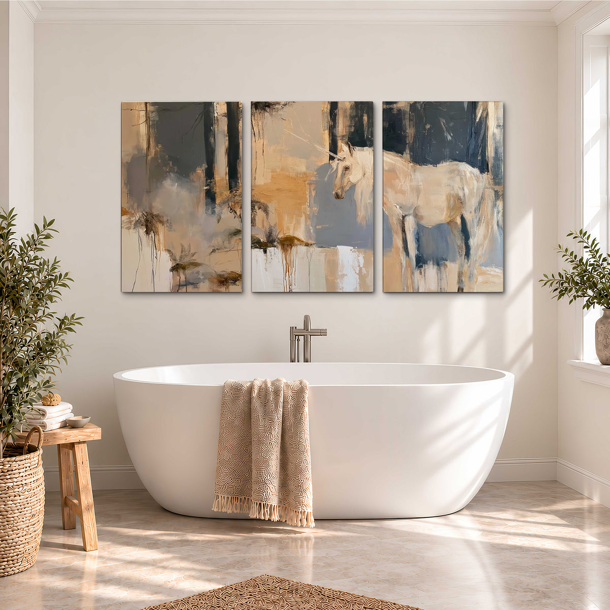 A pale unicorn emerging from loose vertical strokes of blue, ochre and cream 3 piece canvas wall art styled in an interior