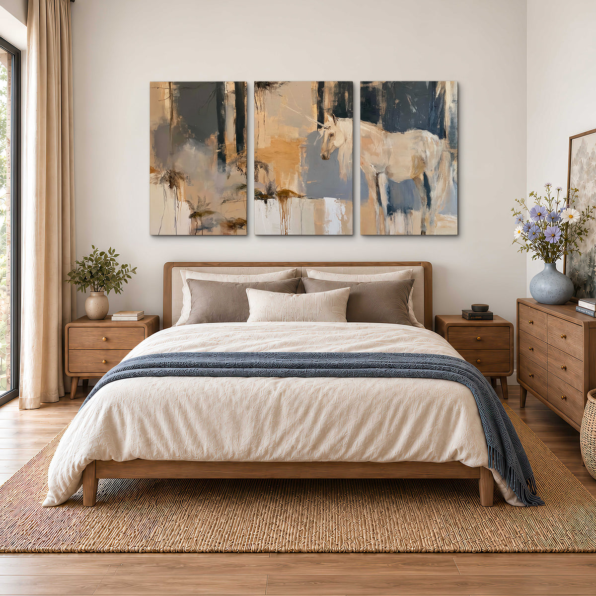 A pale unicorn emerging from loose vertical strokes of blue, ochre and cream 3 piece canvas wall art styled in an interior