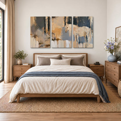 A pale unicorn emerging from loose vertical strokes of blue, ochre and cream 3 piece canvas wall art styled in an interior