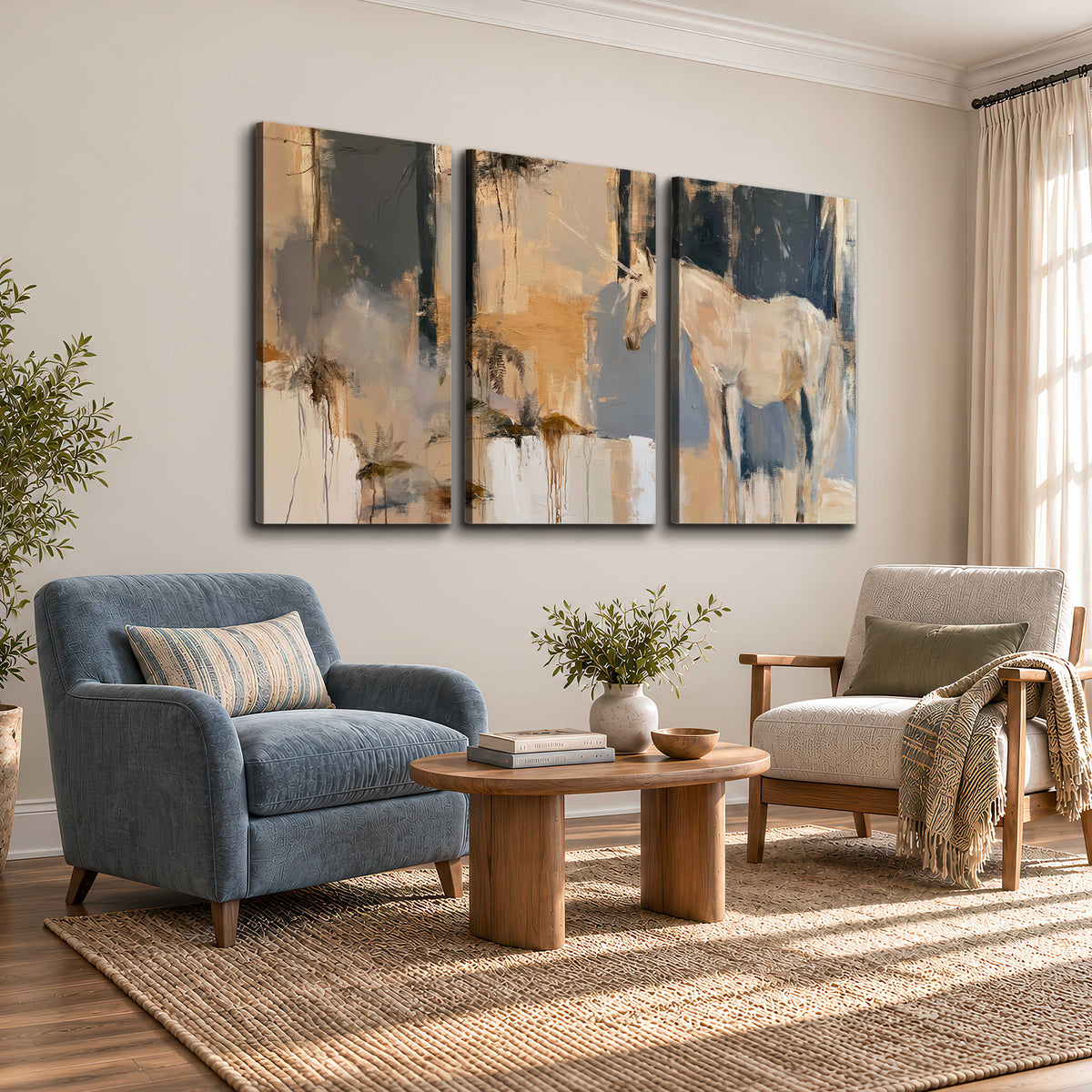 A pale unicorn emerging from loose vertical strokes of blue, ochre and cream 3 piece canvas wall art styled in an interior