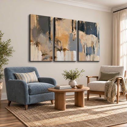 A pale unicorn emerging from loose vertical strokes of blue, ochre and cream 3 piece canvas wall art styled in an interior