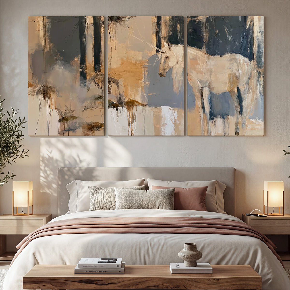 A pale unicorn emerging from loose vertical strokes of blue, ochre and cream 3 piece canvas wall art displayed in a bedroom
