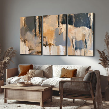 A pale unicorn emerging from loose vertical strokes of blue, ochre and cream 3 piece canvas wall art displayed in a rustic living room