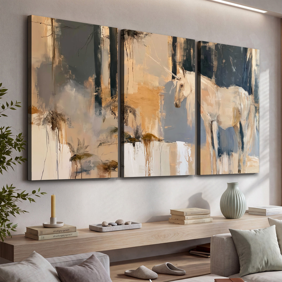 A pale unicorn emerging from loose vertical strokes of blue, ochre and cream 3 piece canvas wall art displayed in a console