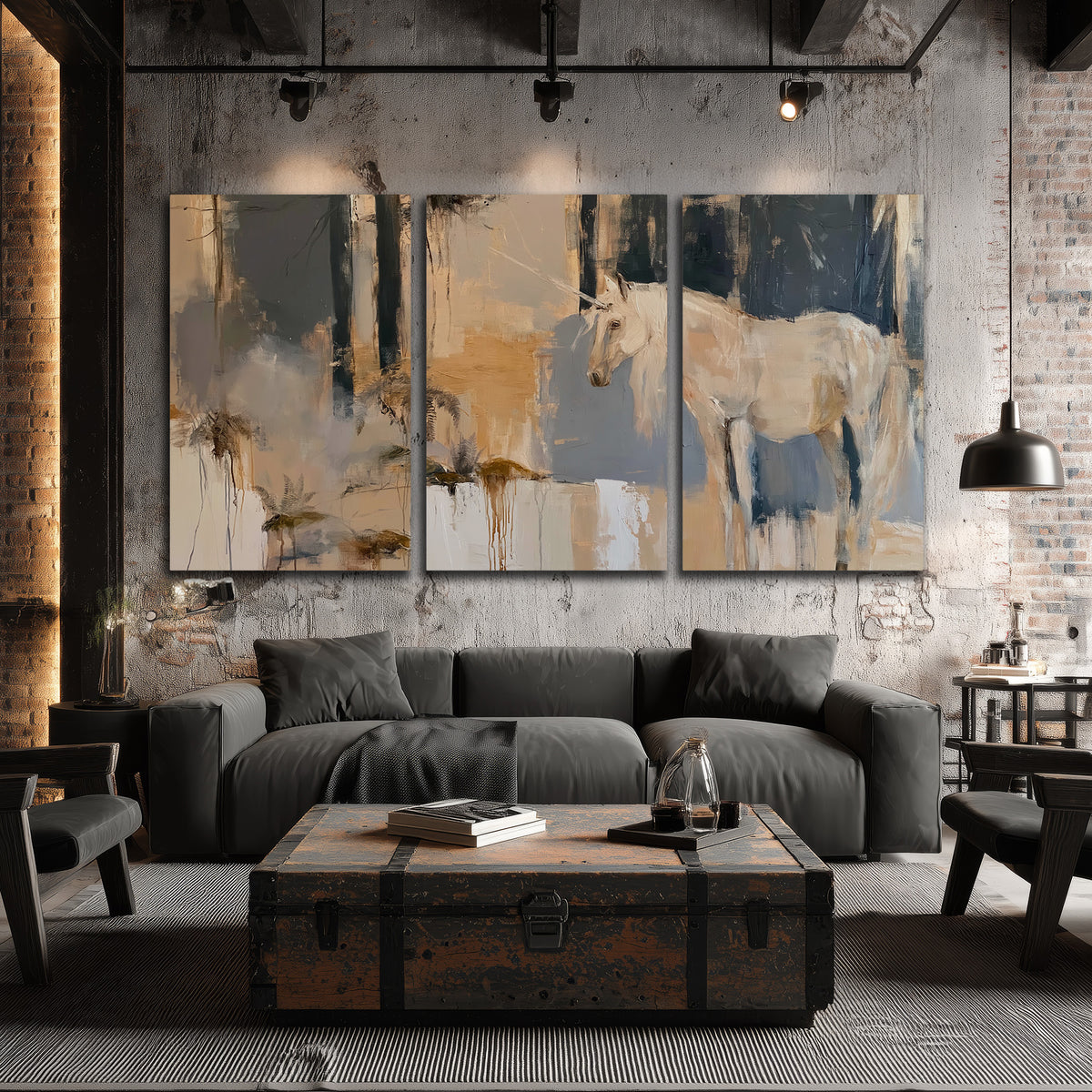 A pale unicorn emerging from loose vertical strokes of blue, ochre and cream 3 piece canvas wall art displayed in a industrial room