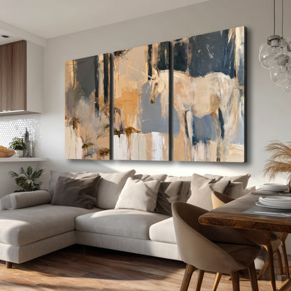 A pale unicorn emerging from loose vertical strokes of blue, ochre and cream 3 piece canvas wall art room and product view
