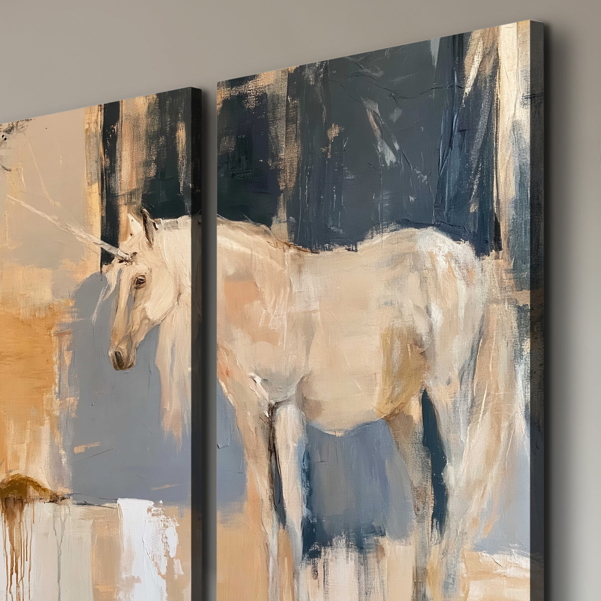 A pale unicorn emerging from loose vertical strokes of blue, ochre and cream 3 piece canvas wall art room and product view