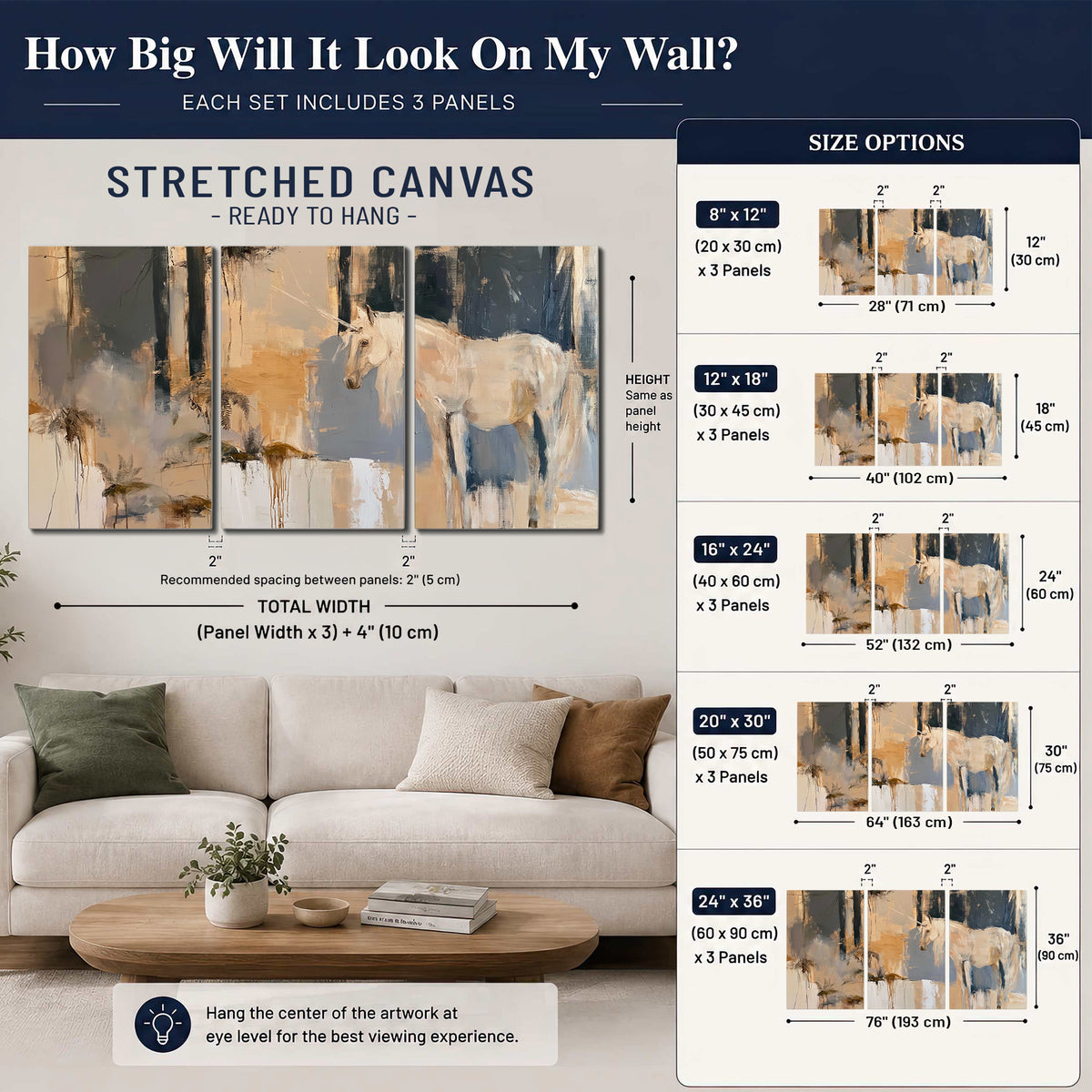 A pale unicorn emerging from loose vertical strokes of blue, ochre and cream 3 piece canvas wall art size guide above a sofa; room view is illustrative