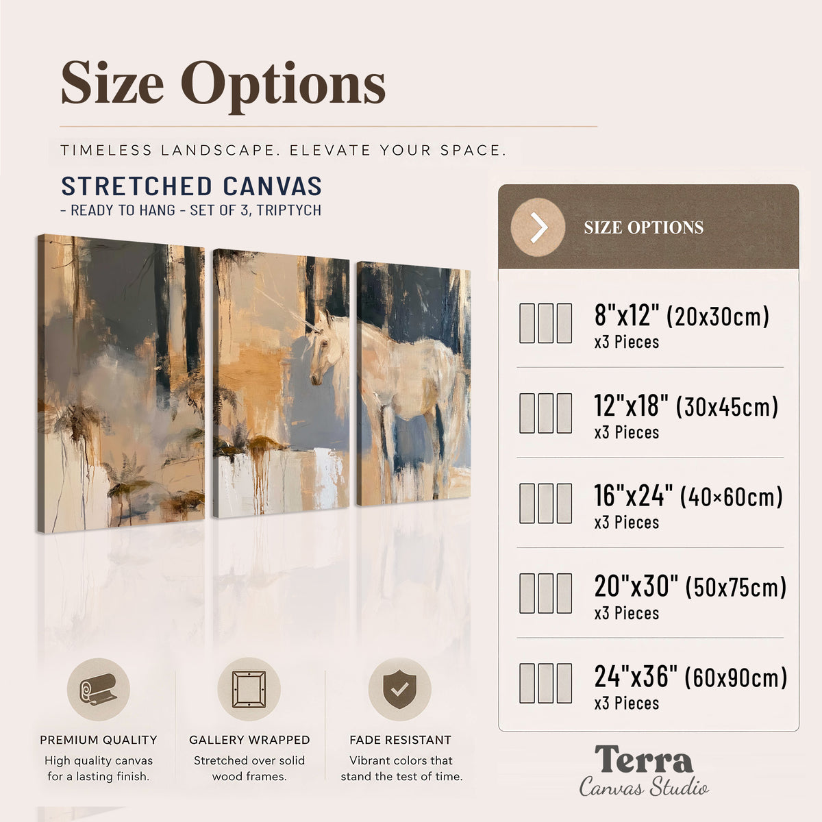 A pale unicorn emerging from loose vertical strokes of blue, ochre and cream 3 piece canvas wall art available dimensions; triptych dimensions are per panel