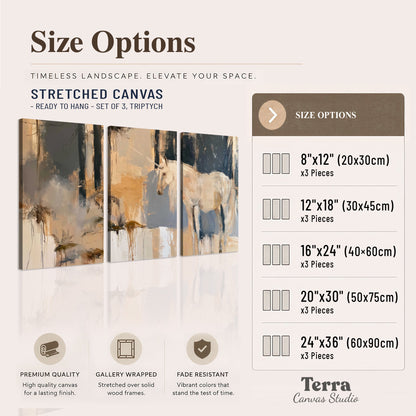 A pale unicorn emerging from loose vertical strokes of blue, ochre and cream 3 piece canvas wall art available dimensions; triptych dimensions are per panel