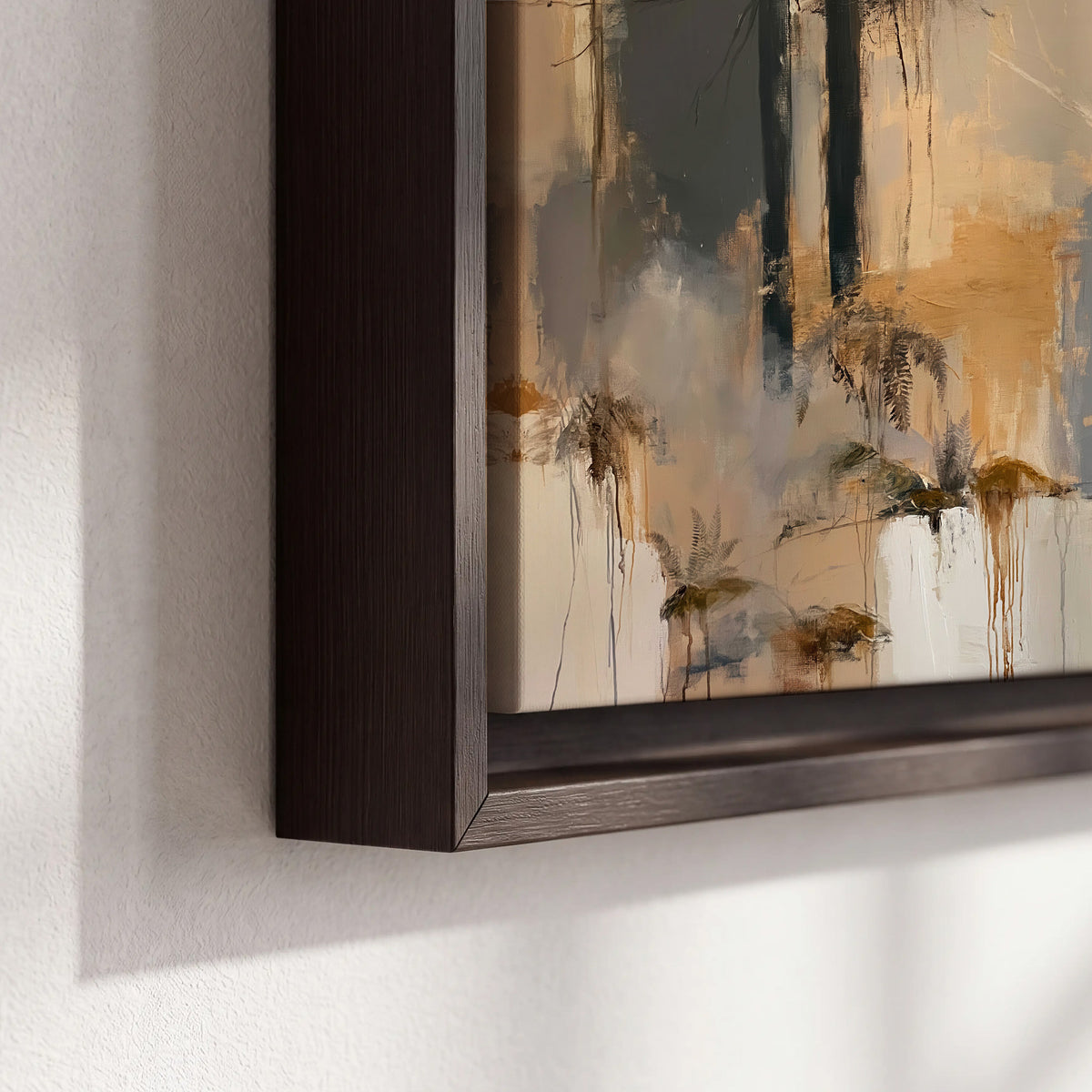 A pale unicorn emerging from loose vertical strokes of blue, ochre and cream 3 piece framed canvas wall art material and edge close up
