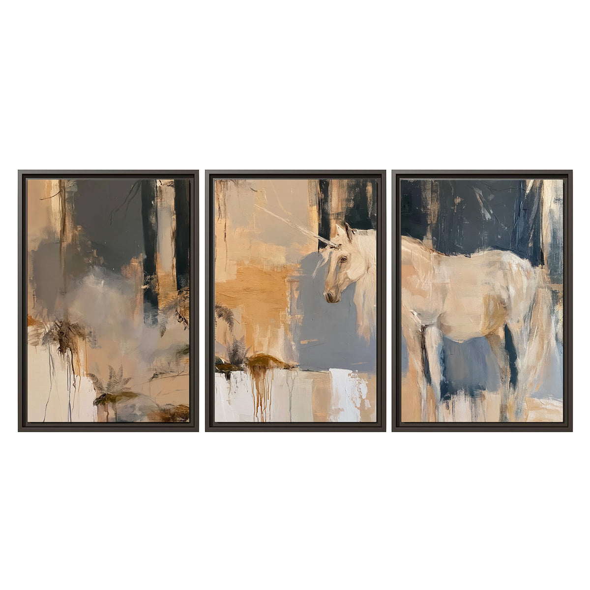A pale unicorn emerging from loose vertical strokes of blue, ochre and cream 3 piece framed canvas wall art viewed straight on
