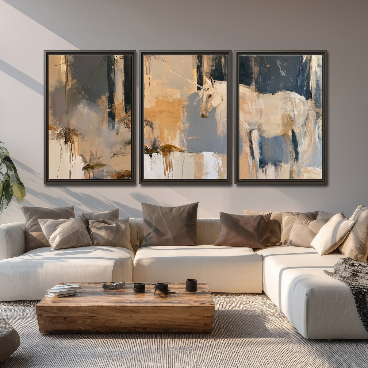 A pale unicorn emerging from loose vertical strokes of blue, ochre and cream 3 piece framed canvas wall art displayed in a living room