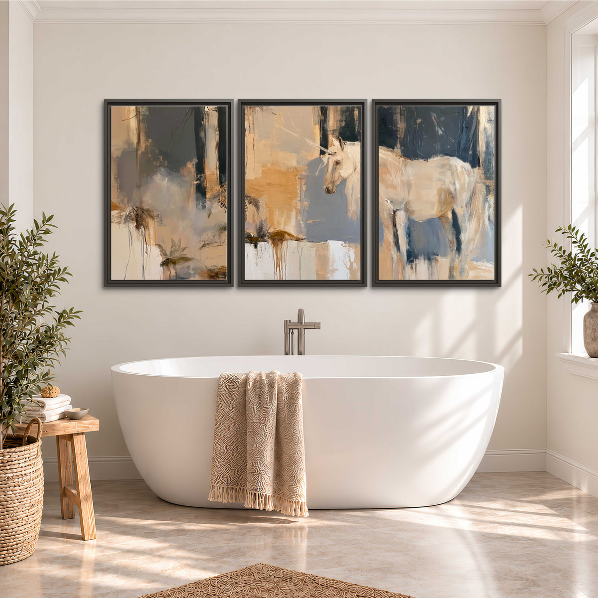 A pale unicorn emerging from loose vertical strokes of blue, ochre and cream 3 piece framed canvas wall art styled in an interior