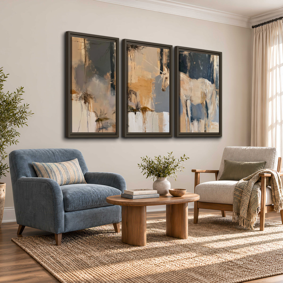 A pale unicorn emerging from loose vertical strokes of blue, ochre and cream 3 piece framed canvas wall art styled in an interior