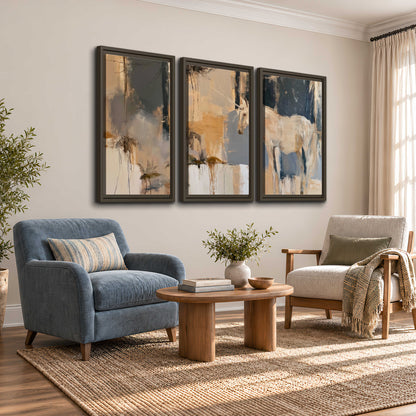 A pale unicorn emerging from loose vertical strokes of blue, ochre and cream 3 piece framed canvas wall art styled in an interior
