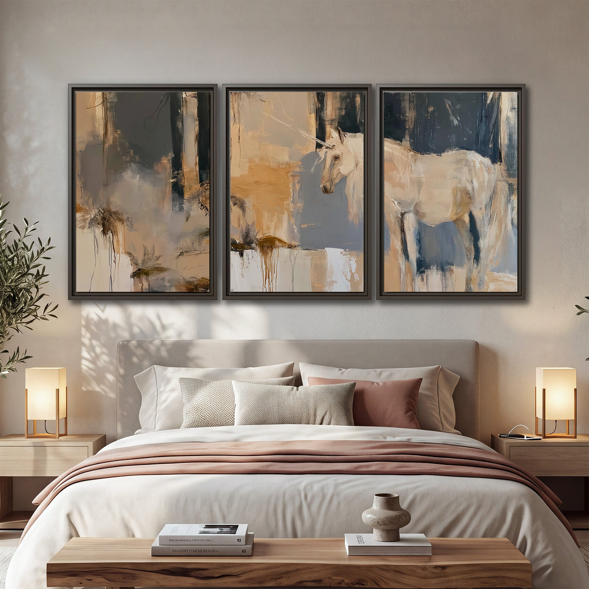 A pale unicorn emerging from loose vertical strokes of blue, ochre and cream 3 piece framed canvas wall art displayed in a bedroom