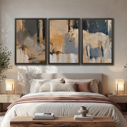 A pale unicorn emerging from loose vertical strokes of blue, ochre and cream 3 piece framed canvas wall art displayed in a bedroom