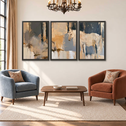 A pale unicorn emerging from loose vertical strokes of blue, ochre and cream 3 piece framed canvas wall art styled in an interior