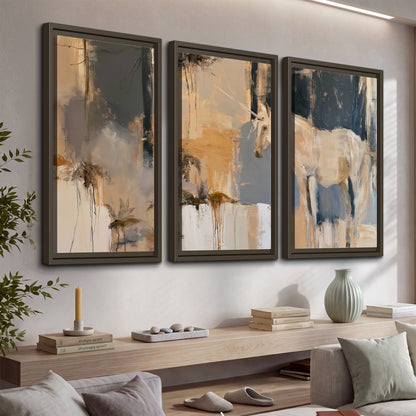 A pale unicorn emerging from loose vertical strokes of blue, ochre and cream 3 piece framed canvas wall art displayed in a console