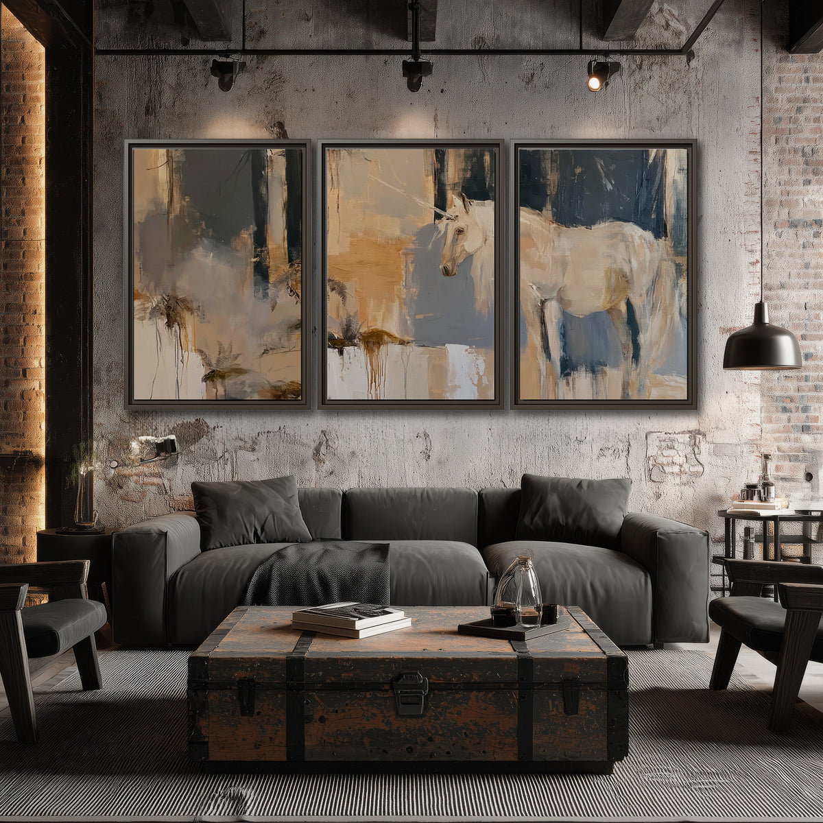 A pale unicorn emerging from loose vertical strokes of blue, ochre and cream 3 piece framed canvas wall art displayed in a industrial room