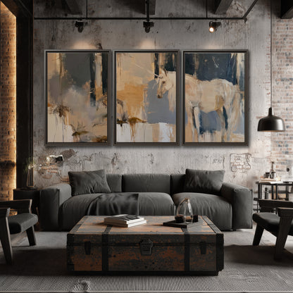 A pale unicorn emerging from loose vertical strokes of blue, ochre and cream 3 piece framed canvas wall art displayed in a industrial room