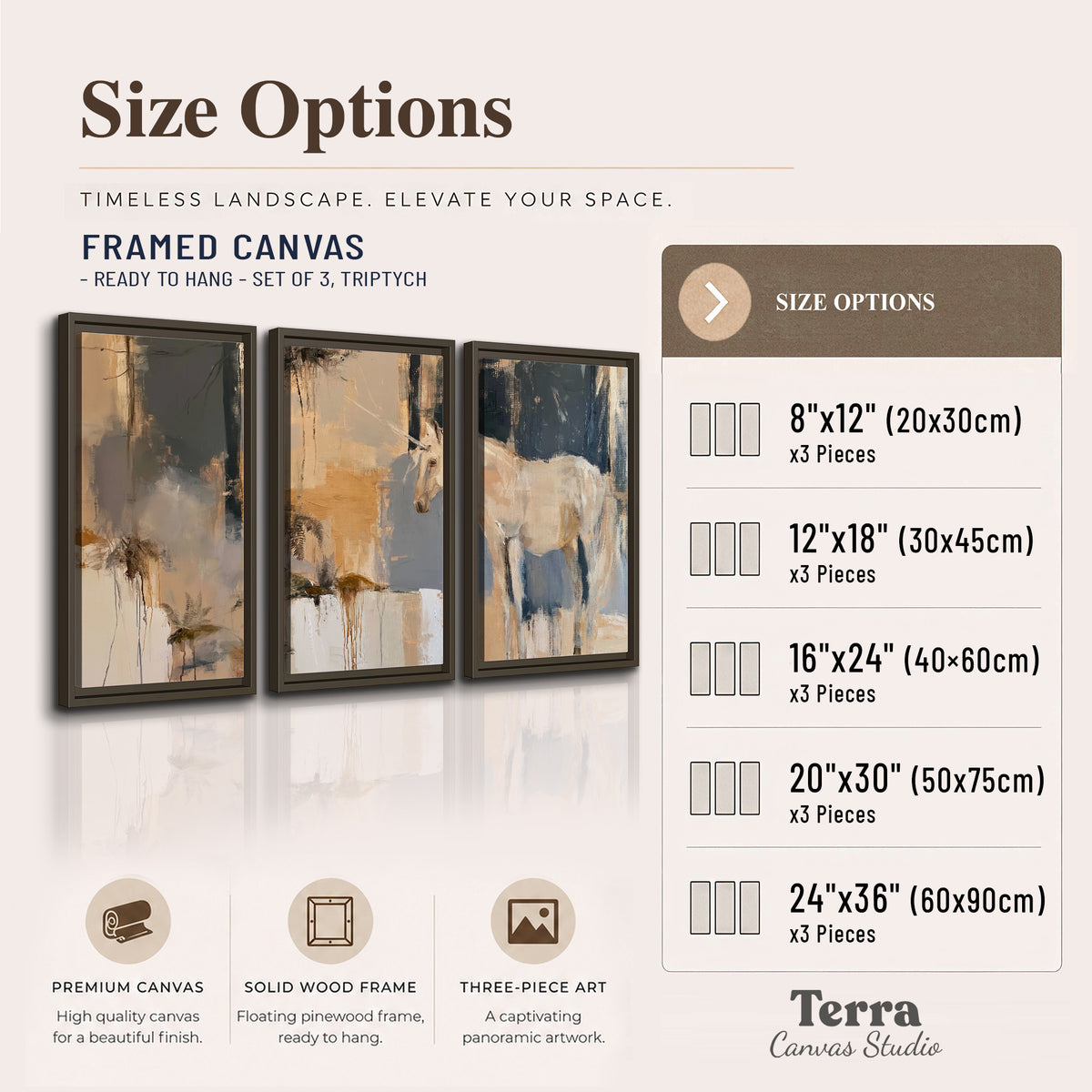 A pale unicorn emerging from loose vertical strokes of blue, ochre and cream 3 piece framed canvas wall art available dimensions; triptych dimensions are per panel
