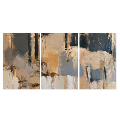 A pale unicorn emerging from loose vertical strokes of blue, ochre and cream set of 3 poster prints viewed straight on