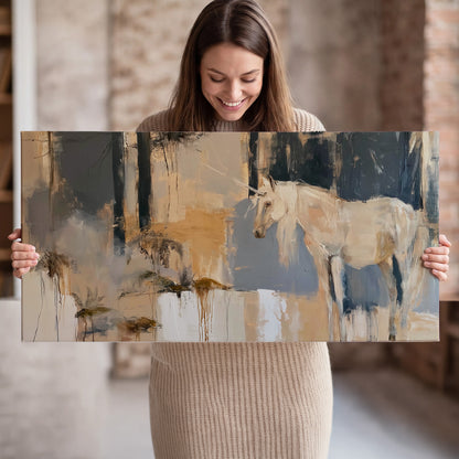 A pale unicorn emerging from loose vertical strokes of blue, ochre and cream single canvas wall art held in hands