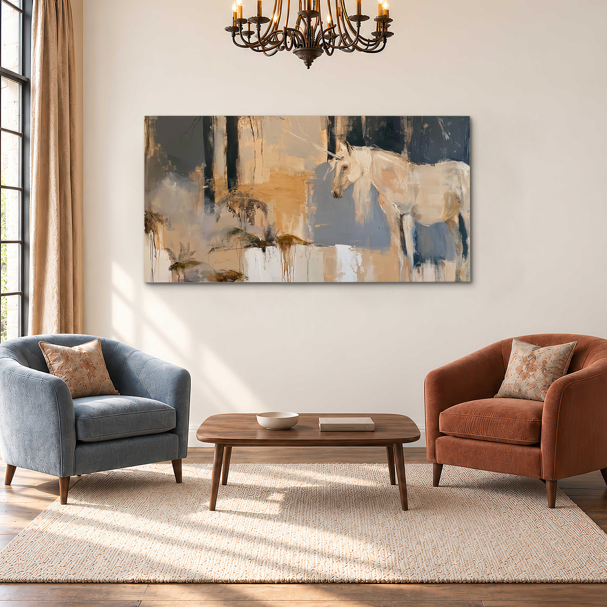A pale unicorn emerging from loose vertical strokes of blue, ochre and cream single canvas wall art styled in an interior